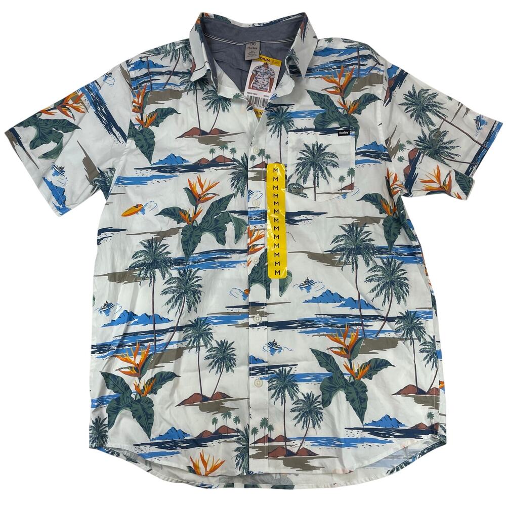 Hurley Men's NWT Patio Shirt Tropical Floral Stretch White Blue Medium Palm Tree